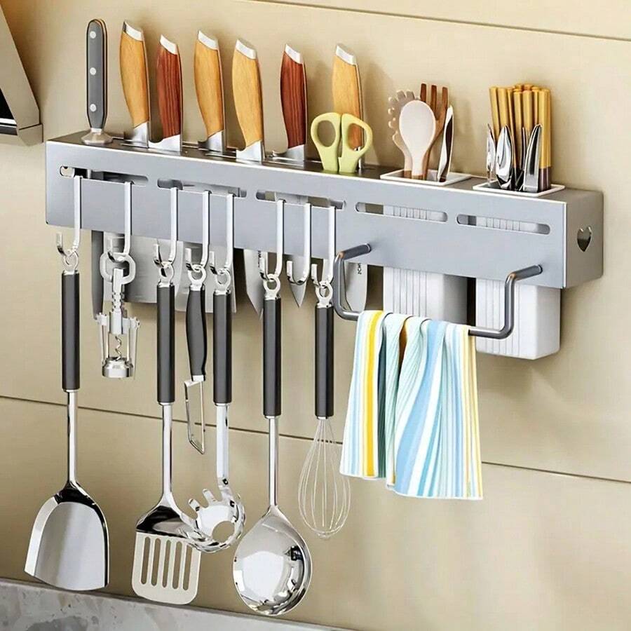 1pc Kitchen Knife Holder, No Drill Utensil Organizer, Multifunctional Wall Mounted Hook Rack For Kitchen Tool Storage - Silver - View 1