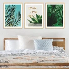 三葉無框畫,現代簡約風格聚酯纖維綠金英文口號長方形裝飾畫,適用於餐廳、客廳、臥室、書房、兒童房、家居裝飾 - 彩色 - 查看 4