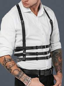 1個男士黑色手工皮質馬甲腰帶哥特式朋克時尚吊帶,適合日常穿著和節日禮物 - 黑色 - 查看 3