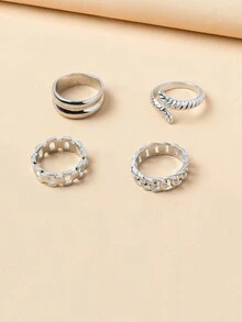 4入組簡約復古蛇形設計女式接環戒指 - 銀色 - 查看 2