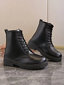 Botas De Moda Redonda Para Mujer, Diseño Casual Con Cordones - Negro - Ver 3