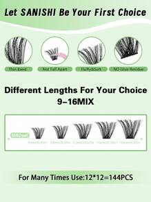 Sanishi Lashes 144 件 D 卷 9-16 毫米睫毛夹套装，含涂抹器、胶水和密封剂 - 纤长宽柄睫毛夹睫毛簇套装、睫毛、假睫毛 - 黑色 - 查看 4