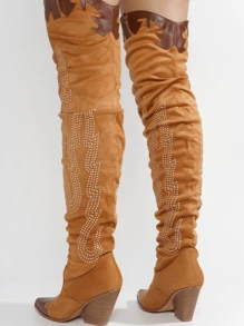 Icona Women's Embroidery Thigh-High Cowboy Boots - 棕色 - 查看 5