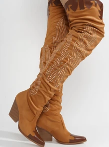 Icona Women's Embroidery Thigh-High Cowboy Boots - 棕色 - 查看 4
