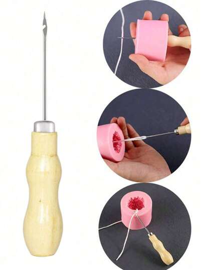 1根木製手柄鉤針編織穿孔工具,帶有孔以進行diy