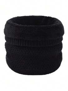 1pc Thickened Warm Single Circle Knitted Scarf With Fleece Liner For Older Kids In Autumn And Winter, Suitable For Outdoor Activities - Black - View 1