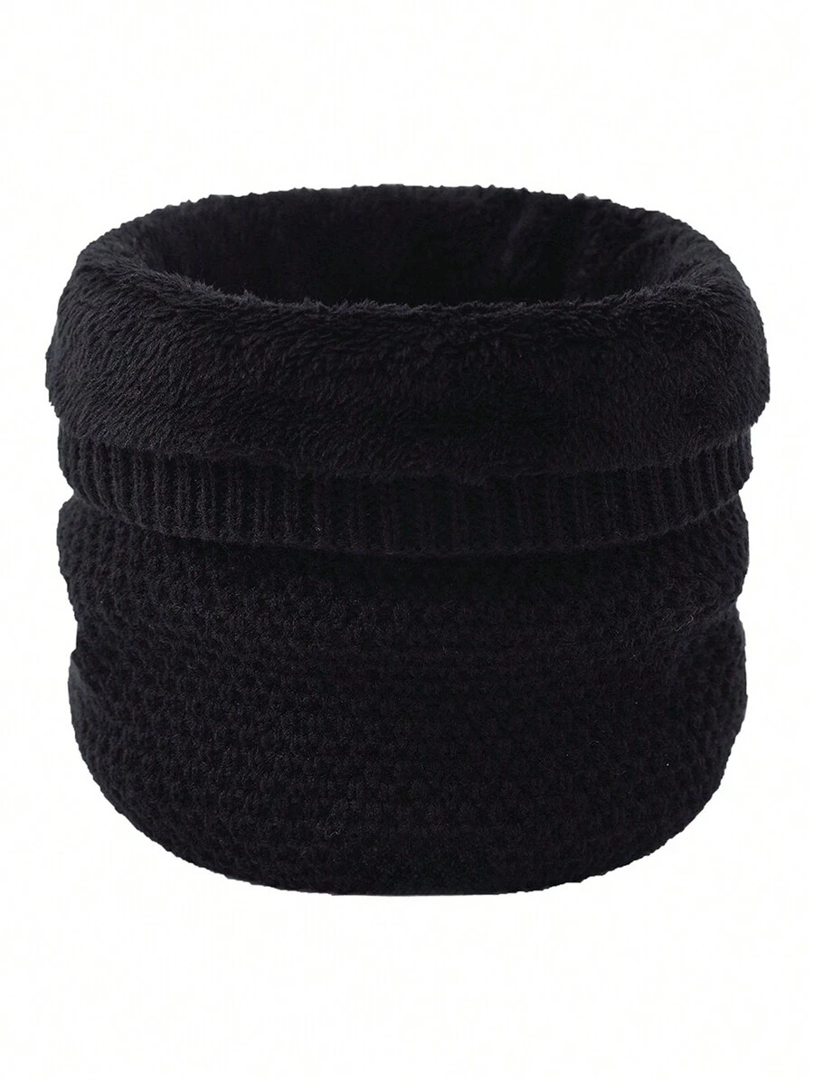 1pc Thickened Warm Single Circle Knitted Scarf With Fleece Liner For Older Kids In Autumn And Winter, Suitable For Outdoor Activities - Black - View 1