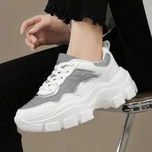 New British Style Casual Sport Shoes For Women, With Breathable Synthetic Mesh Fabric, Thick Sole, Lightweight, Personalized Design, Chunky Sneakers, Wedge Heel, Match All Styles - White - View 7