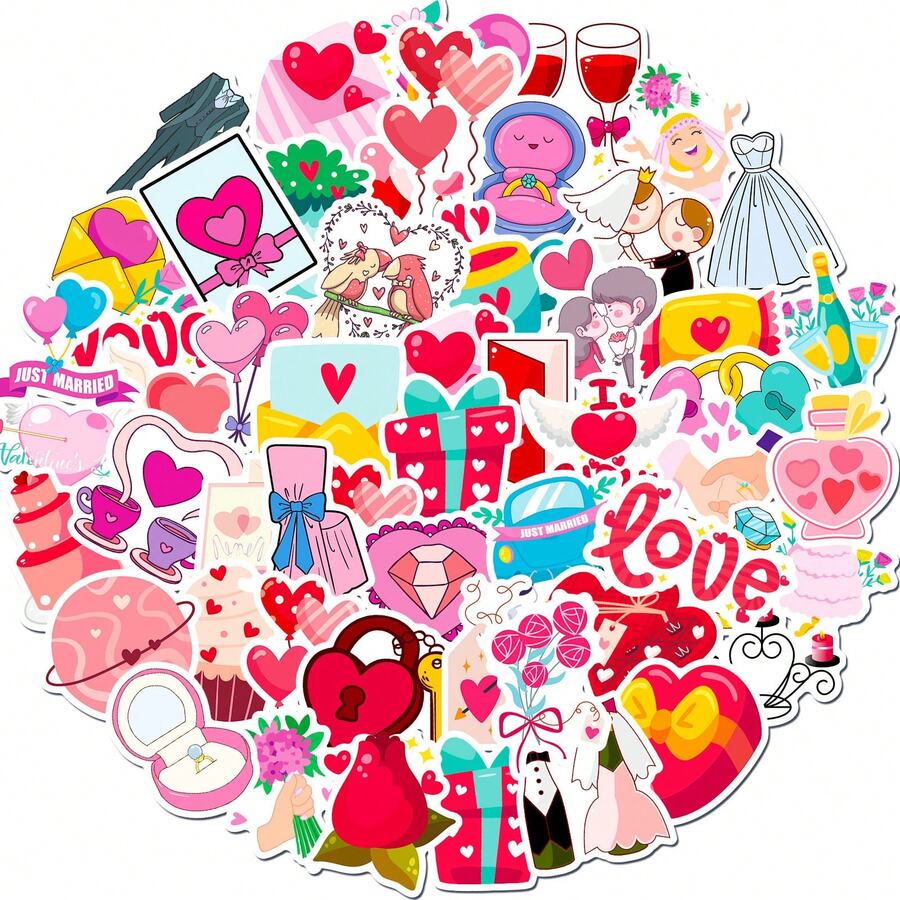 50入組婚禮貼紙,浪漫情人節防水貼紙,適用於成年人行李箱、水瓶、摩托車、筆記型電腦、滑板等裝飾