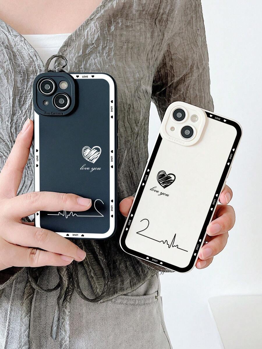 1對情侶之心電波印花眼睛圖案哑光黑白手機殼,適用於iPhone - 彩色 - 查看 1
