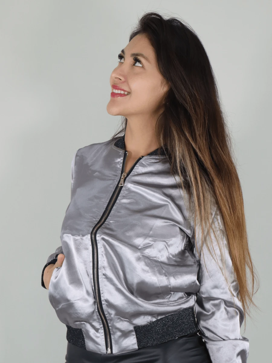 Satin Bomber Jacket, Shiny Collar. - Silver - View 1
