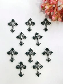 万圣节 10 件银色哥特式心形和十字架设计美甲装饰 DIY 指甲饰 指甲宝石 美甲用品 指甲 - 黑色 - 查看 2