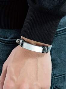 1 件歐美風格時尚商務不銹鋼光滑黑色和銀色男士手鍊,可調節,節日禮物 - 銀色 - 查看 5