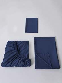 Single Sheet Set With Solid Color Design For Bed 3000 Thread Count, 3 Pieces / (1 Lining, 1 Sheet/ 1 Cover) - Navy Blue - View 4