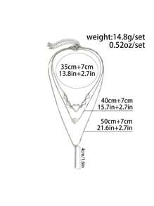 3pcs Simple And Fashionable Preppy Style Heart-Shaped Pendant Multi-Layer Charm Necklace Set, Gift For Women And Girls On Holidays - Silver - View 7
