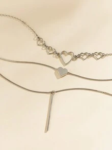 3pcs Simple And Fashionable Preppy Style Heart-Shaped Pendant Multi-Layer Charm Necklace Set, Gift For Women And Girls On Holidays - Silver - View 6