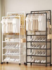 A Multifunctional Wardrobe Rack With Casters, 5-tier Storage Shelves, Shoe Rack, Closet Organizer, Made Of 15.5mm+10mm Galvanized Pipe And Pp Plastic - White - View 2