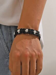 1條嘻哈庞克風格黑色骷髏頭pu皮革編織手鍊,適合男士日常佩戴