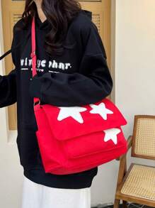 極簡多色五角星裝飾方形女包，大容量初高中學生女生休閒手提斜挎包，日常通勤用品收納包