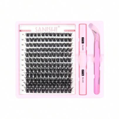  Sanishi Lashes 144pcs D Curl 9-16mm Eyelash Curler Kit With Applicator, Glue And Sealant - Long Slim & Wide Stem Eyelash Curlers Lash Clusters Kit, Lashes, Eyelashes, Fake Lashes