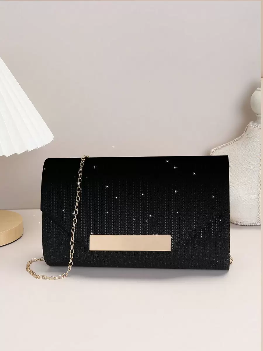 迷人、安靜奢華、精緻 1 件金色金屬手拿包,信封形狀和方形裝飾,適合晚會,適合派對女孩、新娘,適合派對、舞會、婚禮 - 黑色 - 查看 1