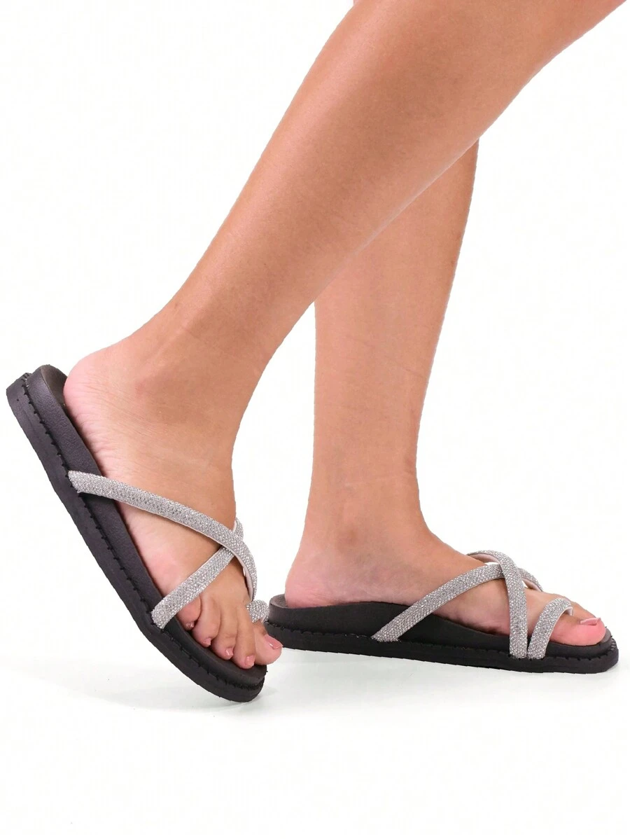 鐳射平底拖鞋女士沙灘鞋鑲嵌斜十字繩裝飾,平底輕柔新趨勢 - 黑色 - 查看 1