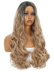 女士用合成纖維長款漸層黑色蜜糖金水波卷髮假髮 - 拼色 - 查看 4