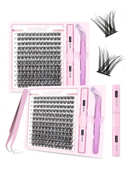  Sanishi Lashes 144 件 D 卷睫毛夹 9-16 毫米长度，分离式睫毛夹套装，带涂抹器、粘合剂和密封剂，适用于长而浓密的睫毛，睫毛簇套装，睫毛，睫毛，假睫毛