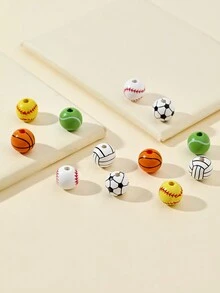 12入組雜錦運動主題印花木質珠子,可用於耳環、手鍊、項鍊等,隨機顏色和款式 - 彩色 - 查看 1