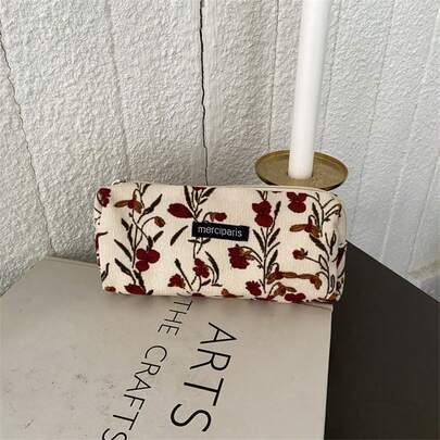 1个复古花卉格纹图案铅笔盒，艺术布艺化妆包，大容量高品质文具袋，返校必备，铅笔盒，铅笔夹，背包配件