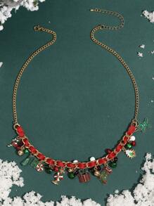 新聖誕和新年鈴鐺項鍊,節日主題設計編織緞帶鍊條,附鋁合金聖誕帽和禮盒鈴鐺吊墜,長鏈風格,另附1個新聖誕手鍊