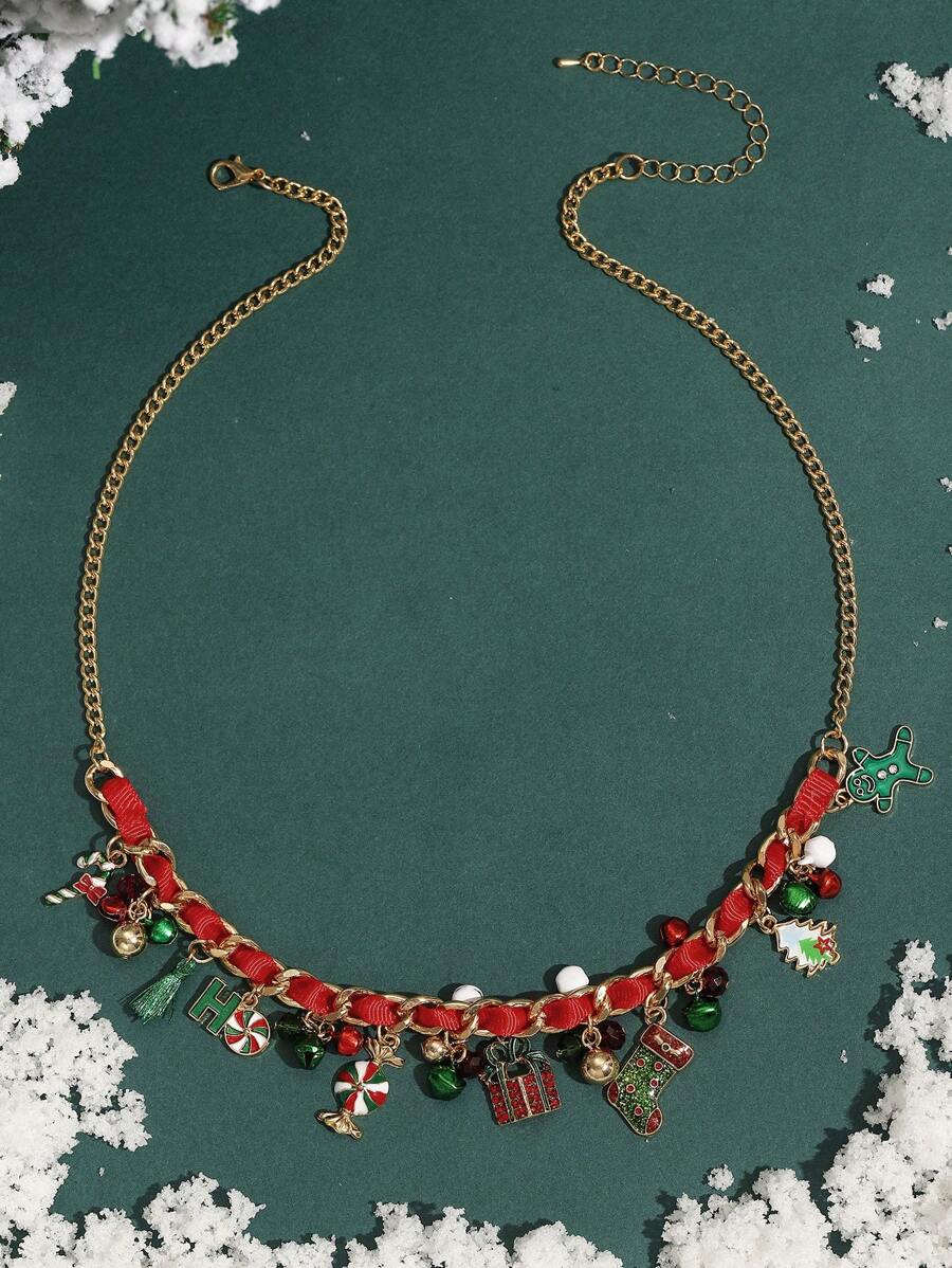 新聖誕和新年鈴鐺項鍊,節日主題設計編織緞帶鍊條,附鋁合金聖誕帽和禮盒鈴鐺吊墜,長鏈風格,另附1個新聖誕手鍊