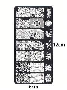 1片指甲印花板，花邊線條花葉皇冠馬紋指甲藝術印花模板印章模具，修甲套裝配件 - 銀色 - 查看 6
