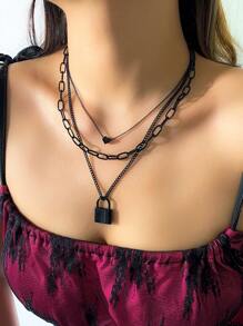 Collar Con Colgante En Capas Con Cerradura Y Corazón - Cerrar - Ver 1