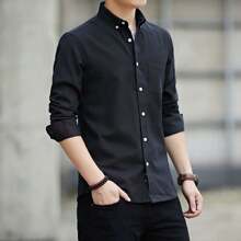 Hombres Camisa unicolor con botón Camisa Corte Pegado Casual Cuello Mao Manga Larga - Negro - Ver 4