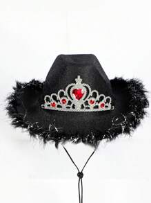 1pc Men's And Women's Shiny Pink Feather & Rhinestone Decor Western Cowboy Hat With Pull Cord, Vintage British Jazz Hat, Theme Party Halloween Carnival Hat, Wide Brim Woolen Hat, Fashionable Couple Hat, Felt Hat, Sun Hat, Autumn And Winter - Pink - View 10