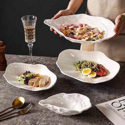1pc Oyster Shaped Porcelain Plate, Western Style Ceramic Soup Bowl, Vegetable Fruit Salad Plate, Large Pure-White Bowl, Unique & Creative Bowl, Oyster Shaped Tableware (3 Sizes Available, 11 Inch/13 Inch/15 Inch)Christmas Gift