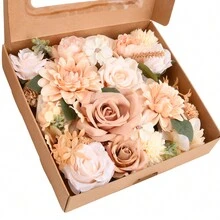 人造絲花,帶梗假花頭,花束組合盒,假花玫瑰組合,diy婚禮花束新娘派對中心裝飾花束盒(酒紅色)