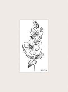 1 件防水防汗植物系列临时纹身贴纸，带有新月和花朵图案，适合时尚领袖的日常使用 - 黑色 - 查看 2