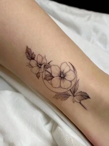 1 件防水防汗植物系列临时纹身贴纸，带有新月和花朵图案，适合时尚领袖的日常使用 - 黑色 - 查看 1