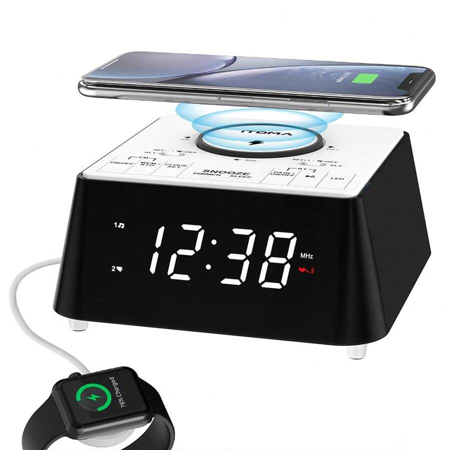 Itoma 205智能鬧鐘內置無線充電、揚聲器、雙鬧鐘和夜燈功能,創造全新的床頭體驗 - 黑與白 - 查看 1