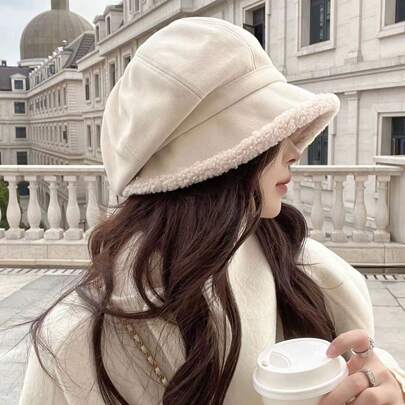 1pc Women's Winter Thickened Ear Warmer Beret Cap With Adjustable Head Girth And Plush Octagonal Hat