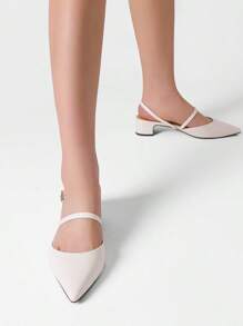 Women's Pumps Chunky Closed Toe Low Block Heels Strappy Buckle Pointed Toe Slingback Dress Wedding Party Shoes - trắng - Xem 2