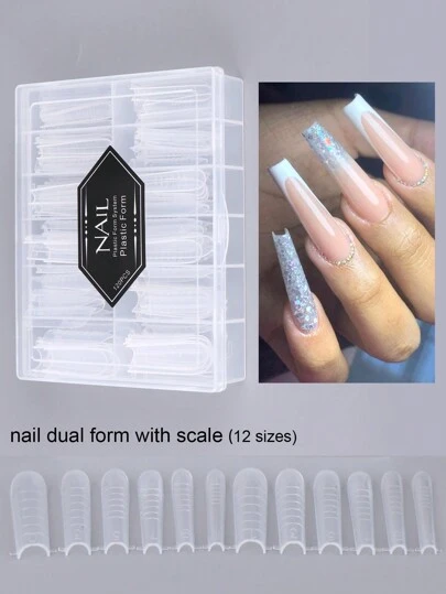 120 pezzi Stampo per estensione unghie in gel, forma doppia, copertura completa, punte unghie a forma di bara lunga, per costruzione rapida e prolungamento della manicure, con scala, strumenti fai-da-te per arte delle unghie, forniture per salone