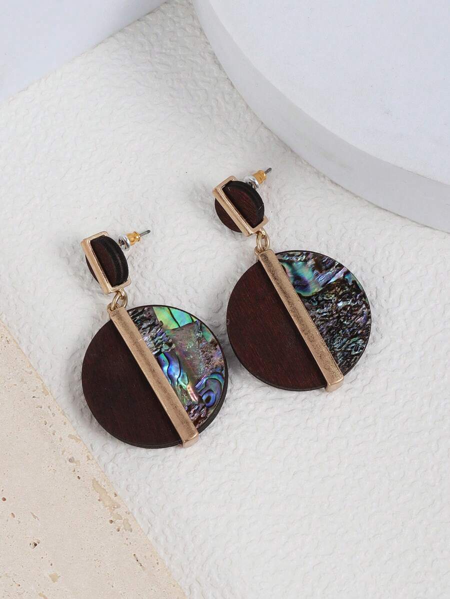 1對木珠&鮑魚貝殼&合金耳環,適合日常穿著 - 彩色 - 查看 1