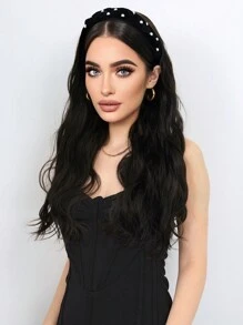 24英寸長卷曲假髮可拆卸頭帶女用合成材料蓋髮假髮天然直髮天然假髮半假髮 - 黑色 - 查看 5