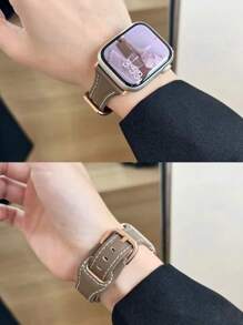 1PC Woman's Gray-Brown Soft Small Waist Reverse Leather Strap, Smart Strap, Compatible With S10/9/8/7/6/5/4/3/2/1 Compatible Watch Band 38/40/41mm 42mm 44/45/46/49mm Niche New Thin Watch Strap - Dark Grey - View 3