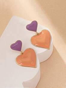 1對歐美時尚經典紅色和金色雙心形耳環,配有油滴設計,適合女性日常佩戴、禮物、珠寶