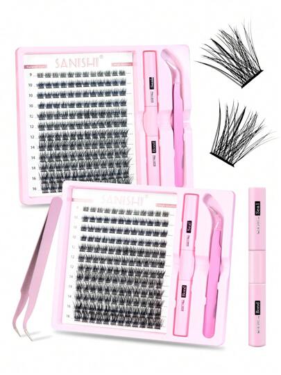  Sanishi Pestañas 144 piezas Rizo D 9-16mm Longitud Pestañas individuales Kit DIY con rizador de pestañas, pegamento y sellador, Kit de racimos de pestañas, Pestañas, Pestañas postizas