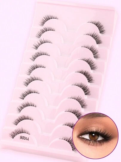 False Eyelashes, 10 Pairs/Box Mini And Cute Super Short Half Eye Lashes With Thin And Transparent Stems, Lengthened End, Natural Curly Appearance, Reusable And Ideal For Girls With Small Eyes. Suitable For Women's Daily Dating